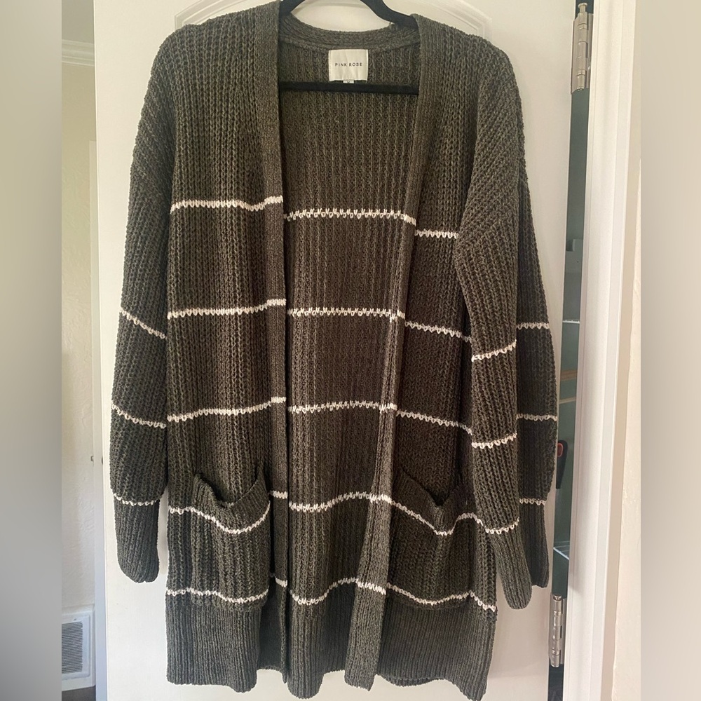 Dry Goods Olive and White Striped Cardigan